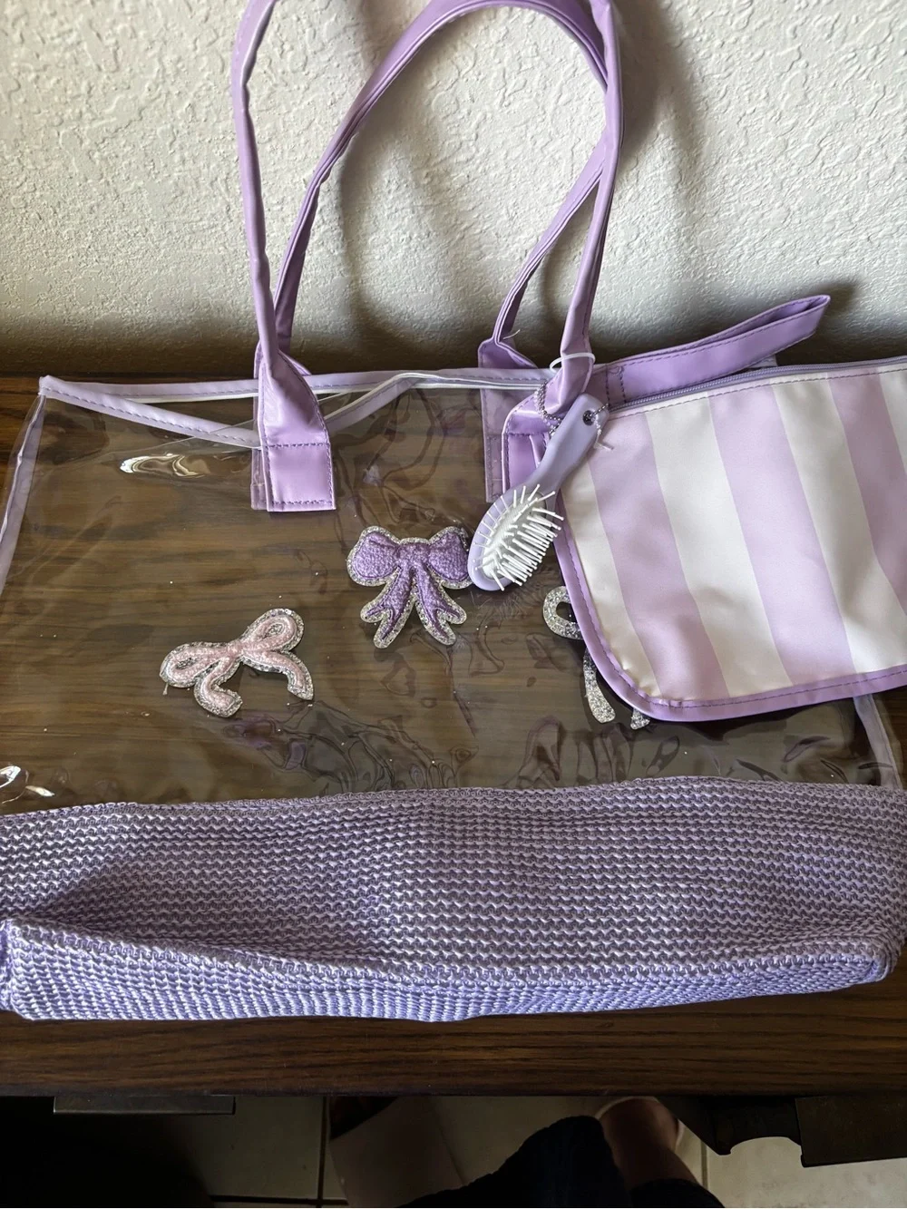 Lilac Clear PVC Tote with Striped Pouch
